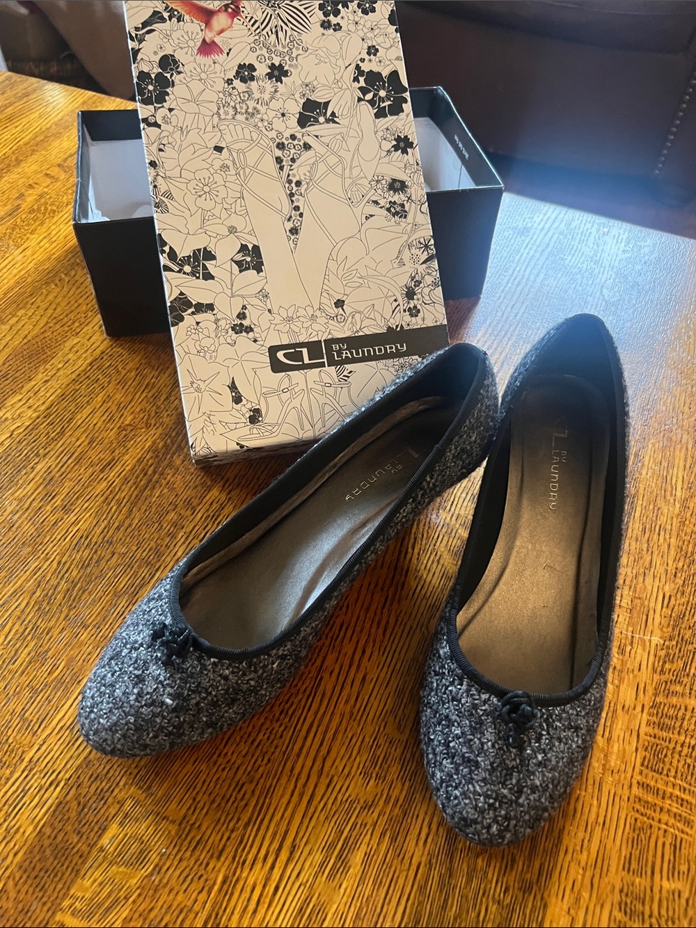 CL by Laundry Gray & Black Tweed Ballet Kitten Heels